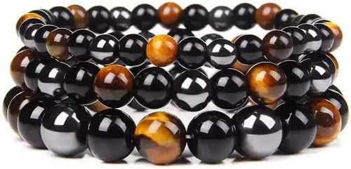 Miniatura 5 de InfinityAK - Pulsera elástica con cuentas de hematita y ojo de tigre de obsidiana negra