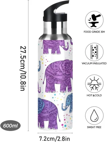 Miniatura 9 de BPA-Free Sport Water Bottle 32 Oz, Insulated Water Bottle for Gym Outdoor Travel School, Cute Purple Elephants Purple Blue