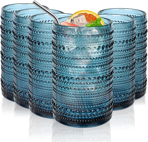 Blue Hobnail - Juego de 6 vasos de vidrio vintage transparente de 15 onzas, vasos altos de vidrio azul vintage para jugo, cerveza, cóctel, leche y