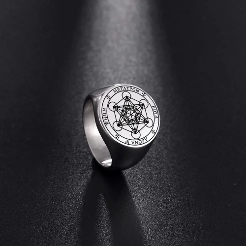 Miniatura 4 de Amaxer Metatron - Anillo de cubo para hombre, de acero inoxidable, vintage, con geometría sagrada, protección espiritual, anillo de amuleto