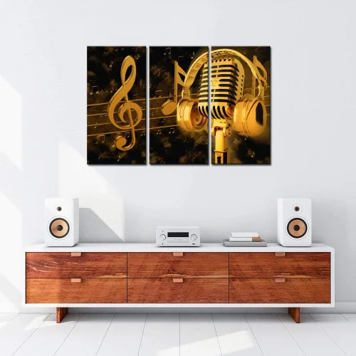 Miniatura 2 de Biuteawal - Pinturas artísticas musicales, arte de pared, micrófono de metal dorado y auriculares, nota de imagen, lienzo con impresión giclée