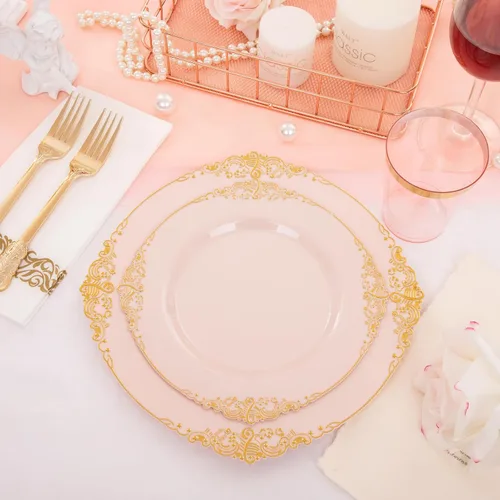 Miniatura 7 de Morejoy 175 platos de plástico rosa, juegos de platos desechables rosa y dorado, incluye 25 platos llanos, 25 platos de postre, 25 juegos de rosa