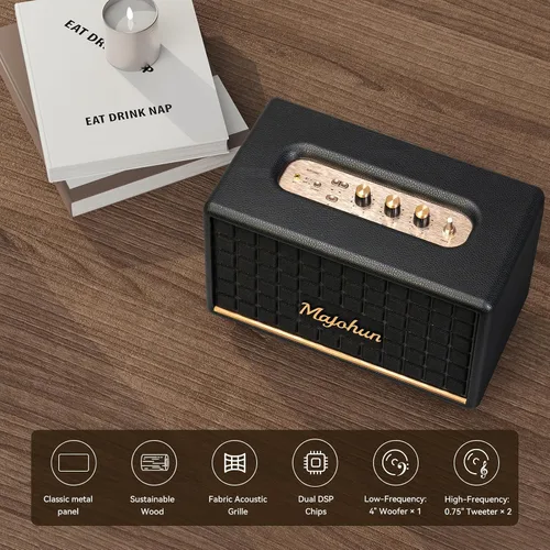 Miniatura 8 de Altavoz Bluetooth 5.4 de madera pico de 100 W, estéreo TWS vintage (negro) Retro style with bass & treble control, AUX & USB input; multiple