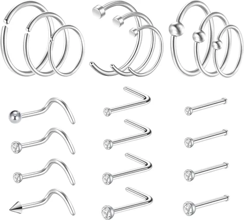 Miniatura 6 de 21 piezas de anillos de nariz de aro de acero quirúrgico para mujer, 20G, joyería de perforación de la nariz, plata, oro, negro, perforaciones