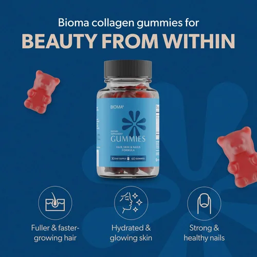 Miniatura 2 de BIOMA Gomitas de belleza para cabello, piel y uñas, apoya el crecimiento y la fuerza con biotina, colágeno, zinc y vitaminas C y D, sin gluten, 60
