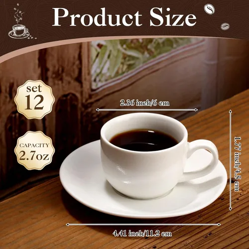 Miniatura 2 de Maxdot Juego de 12 tazas de café de porcelana de 2.7 onzas con platillos, tazas de café y platillos de cerámica blanca, taza de capuchino, taza