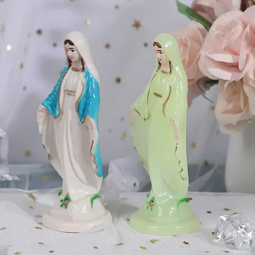 Miniatura 5 de Estatua de plástico Virgen María de 3.94 pulgadas, figura de Nuestra Señora de Gracia, estatuas católicas hechas a mano, decoraciones religiosas Azul