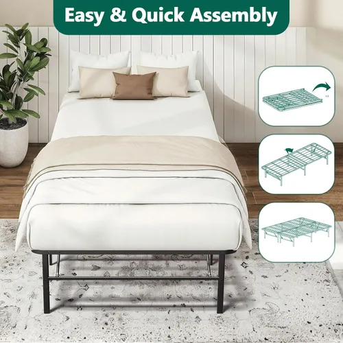 Miniatura 5 de Marco de cama plegable individual, plataforma de metal resistente con almacenamiento de 14 pulgadas, no necesita somier, fácil montaje sin