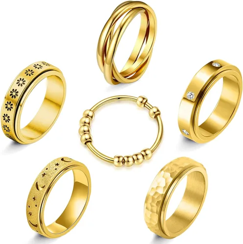 Miniatura 9 de Anillos giratorios MUCAL para ansiedad 8 piezas de anillo giratorio de acero inoxidable anillo anti ansiedad anillo giratorio con luna y estrella
