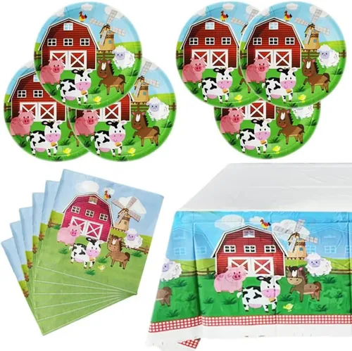Juego de vajilla de fiesta de animales de granja, 20 platos y 20 servilletas y mantel de 71 x 42 pulgadas, suministros de decoración para fiestas