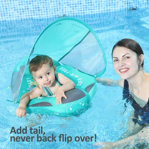 Miniatura 6 de El entrenador de nado Mambobaby más nuevo, no inflable, tamaño mejorado, incluye cola para que nunca se voltee. Toldo con FPS 50+, sólido flotador