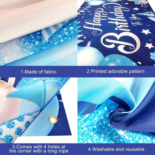 Miniatura 3 de KatchOn, Cartel de feliz cumpleaños plateado y azul, extragrande, 72 x 44 pulgadas, pancarta de fondo para decoraciones de feliz cumpleaños