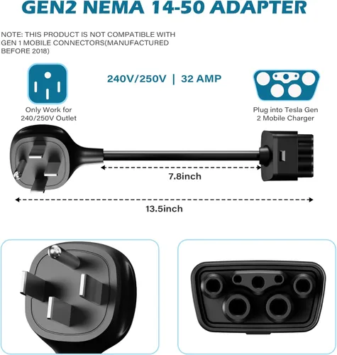 Miniatura 2 de HiFind Adaptador NEMA 14-50 para cargador móvil Tesla Gen 2 de 1 pie, conecta el cargador portátil Tesla a 14-50 enchufes 240/250 V toma