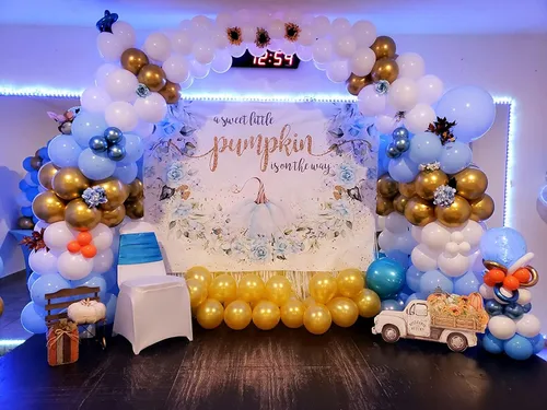 Miniatura 2 de Avezano Telón de fondo de calabaza azul para baby shower para niño, decoración de fiesta de otoño con texto en inglés "A Little Pumpkin Is On The