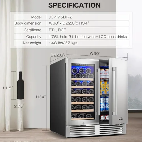 Miniatura 3 de BODEGA Refrigerador de vino y bebidas independiente de 30 pulgadas. Refrigerador de vino de acero inoxidable de doble zona bajo mostrador, enfriador