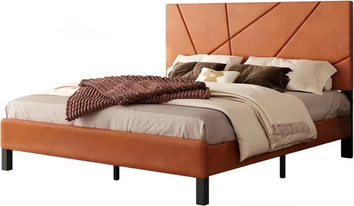 Miniatura 7 de Estructura de cama con plataforma tapizada de tamaño completo con cabecera acolchada de piel sintética, soporte de listones de metal resistente,