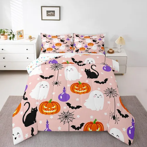 Miniatura 10 de Feelyou Juego de edredón de Halloween, color rosa fantasma, juego de ropa de cama tamaño individual, decoración para niños y niñas, lindo juego