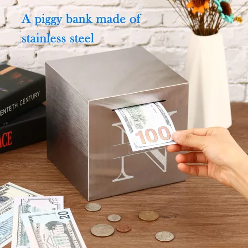 Miniatura 6 de Alcancía para adultos, caja de dinero personalizada para ahorrar dinero, caja de dinero irrompible de acero inoxidable, solo ahorra y no se puede
