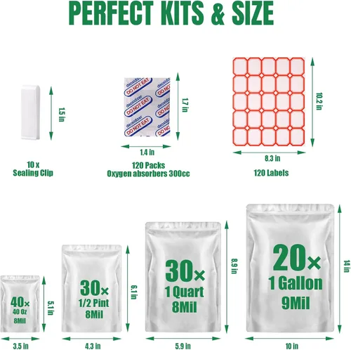 Miniatura 2 de 120 bolsas de Mylar para almacenamiento de alimentos con absorbentes de oxígeno de 120 x 300 cc, bolsas de Mylar de 9 mil, 1 galón, 1 cuarto