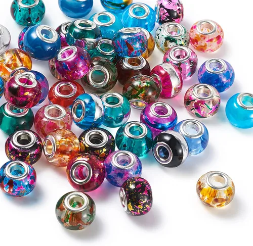 Miniatura 2 de Craftdady 50 cuentas espaciadoras europeas de vidrio con agujero grande de 13-15x9-0.472 in Diapositivas Cuentas Rondelle Colores mezclados al azar