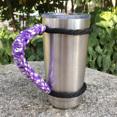 Miniatura 9 de MOCE Mango de paracaídas hecho a mano para vaso Yeti/Rtic/Ozark Trail Rambler de 30 onzas. Morado/Blanco Violeta/Blanco