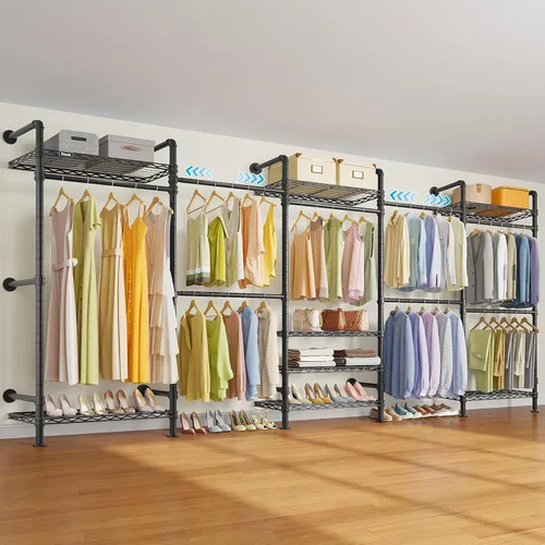 Timate F5 Perchero de ropa expandible montado en la pared con 8 estantes ajustables y 4 varillas colgantes expandibles, perchero de ropa de tubería