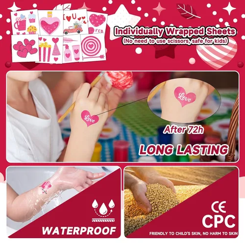 Miniatura 5 de EMOME 204 tatuajes con purpurina de San Valentín para niños, envueltos individualmente, tatuajes temporales para niñas, lindos tatuajes temporales