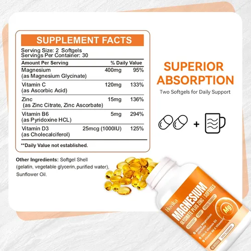 Miniatura 8 de Suplemento de glicinato de magnesio, glicinato de magnesio de 400 mg con zinc, vitamina B6, C, D3, magnesio puro para dormir, calma, músculo