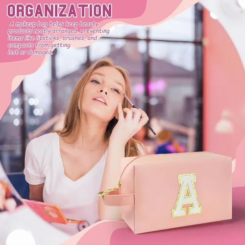 Miniatura 6 de Bolsa de maquillaje personalizada con inicial con asa, bolsa de cosméticos de preparación con bolsillo interior con cremallera, 8, 9, 10, 11, 12