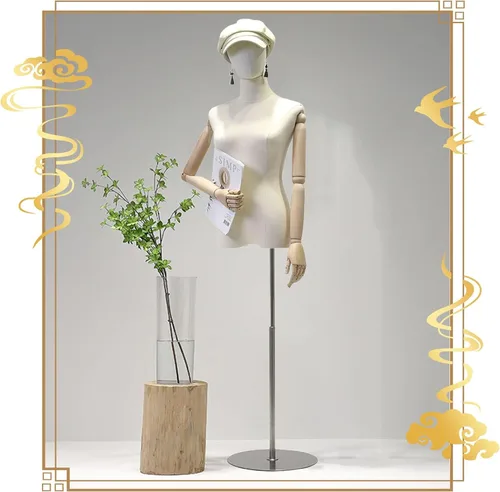 Forma de vestido de torso de maniquí femenino, soporte de cuerpo de modelo de exhibición de ropa con cabeza desmontable y brazos de madera para