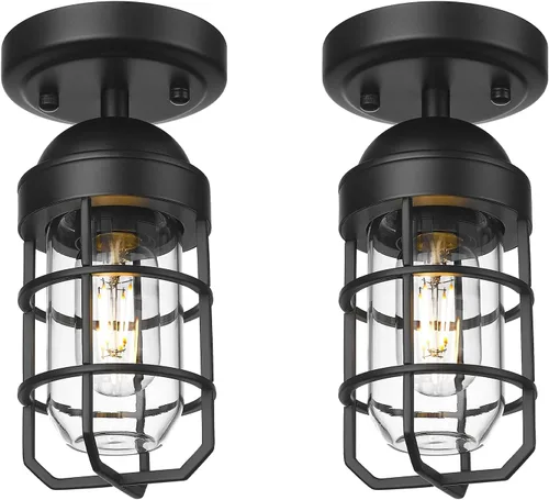 Miniatura 22 de Emliviar Lámpara de techo estilo granja, luz semiempotrada vintage para interior, luz de seguridad con vidrio templado transparente, acabado