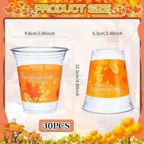 Miniatura 2 de Sliner Vasos de plástico desechables de Acción de Gracias, hojas de otoño y otoño, tazas de plástico transparente con patrón de hoja de arce