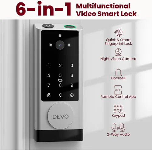 Miniatura 2 de DEVO G1 Cerradura inteligente de video 6-en-1 con cámara y timbre, cerradura de puerta de entrada sin llave con huella dactilar, cerraduras