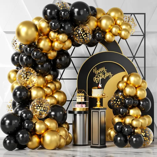 Bezente Kit de guirnalda de globos de oro negro, 100 globos de confeti cromado metálico dorado negro y dorado con cinta para Año Nuevo 2026, boda,