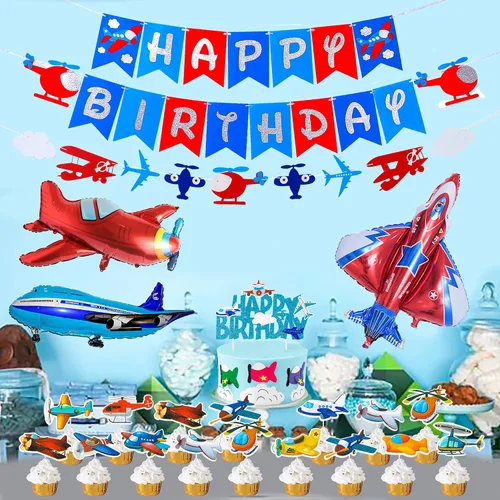 Miniatura 8 de Decoraciones de fiesta de avión, suministros de fiesta de cumpleaños de avión, pancarta de feliz cumpleaños, guirnalda de aviones, globos de látex