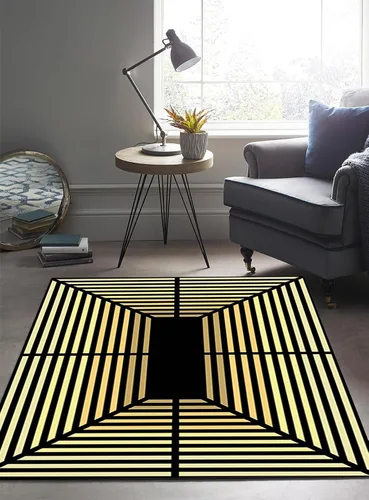 Alfombra minimalista a rayas geométricas negras y doradas, 2 x 3 pulgadas, ultra suave, de lana, moderna para sala de estar, dormitorio, comedor,