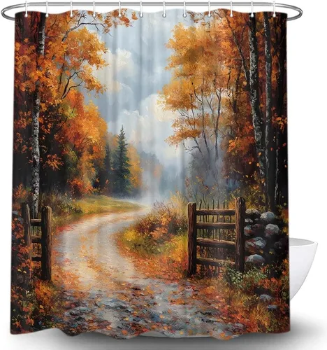 Miniatura 12 de Cortina de ducha a cuadros de búfalo naranja, decoración de otoño, lindos gnomos en camión verde azulado retro, cortina de ducha de calabaza