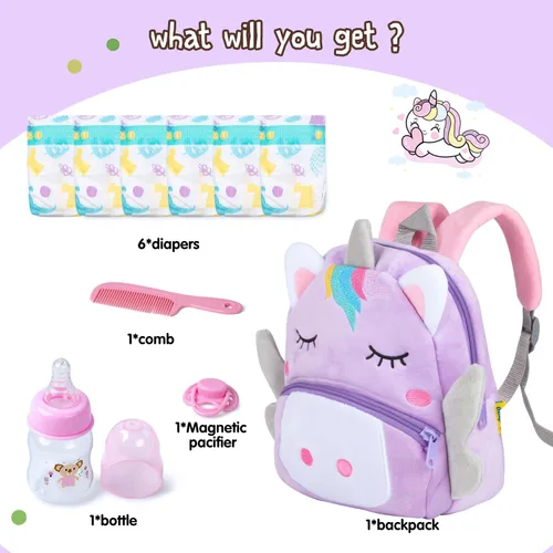 Miniatura 2 de Juego de 10 bolsas de pañales para muñecas Reborn de 17 a 24 pulgadas, accesorios para bebés recién nacidos, con mochila de unicornio, pañales