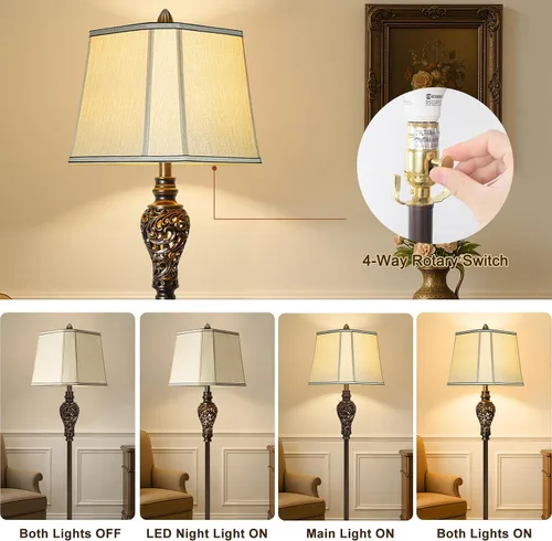 Miniatura 3 de Lámpara de pie vintage con luz nocturna, lámpara de pie retro de 65 pulgadas con acabado marrón y pantalla de seda sintética beige, lámpara alta