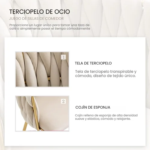 Miniatura 4 de Nrizc Juego de 2 sillas de comedor de terciopelo, sillas de comedor tapizadas tejidas con patas de metal dorado, sillas decorativas modernas