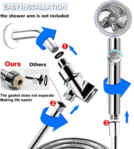 Miniatura 4 de Cabezal de ducha de mano turbocargado, cabezal de ducha de mano de alta presión con ahorro de agua con filtros, interruptor de pausa, Hydro Jet Gris