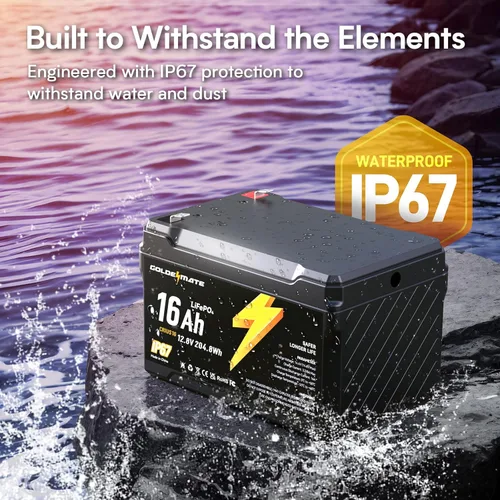 Miniatura 3 de GOLDENMATE Batería LiFePO4 de 12 V 16 Ah, impermeable IP67, batería de litio de 12 V con más de 5000 ciclos profundos, BMS integrado, celda