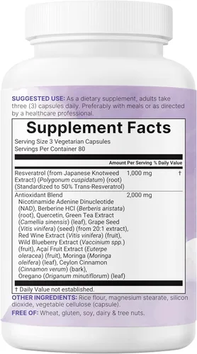 Miniatura 6 de Micro Ingredients Resveratrol NAD Complex 3,000 mg para mujeres y hombres, 240 cápsulas vegetales Alternativa de suplemento NMN Mezcla 11 en 1