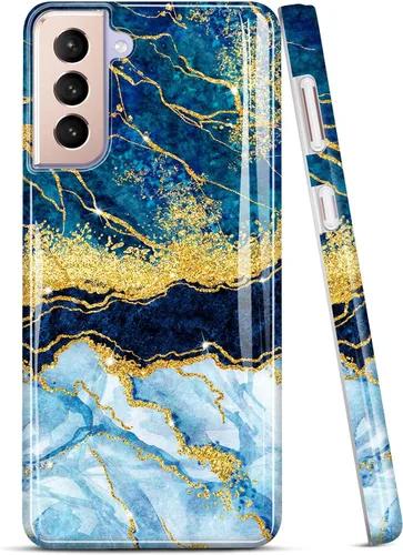 Miniatura 11 de Galaxy S21 - Funda para Samsung Galaxy S21 5G de 6.2 pulgadas 2021, diseño de mármol con purpurina dorada, delgada, a prueba de golpes, de goma Azul