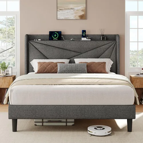 Miniatura 9 de iPormis Base de cama tamaño Queen con estación de carga, marco de cama de plataforma de lino con cabecera tapizada con respaldo de ala, soporte