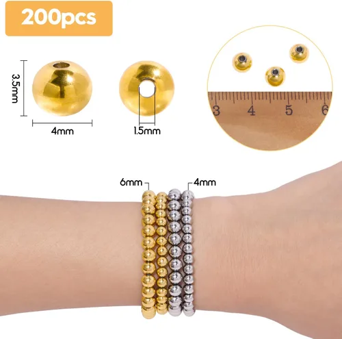 Miniatura 2 de 400 cuentas espaciadoras redondas de acero inoxidable 304 para hacer joyas, cuentas de metal lisas sin costuras, 0.157 pulgadas para hacer collares