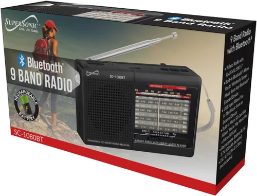 Miniatura 2 de Supersonic Radio SC-1080BT de 9 bandas con Bluetooth, radio estéreo portátil pequeña multibanda, entrada USB y micro SD, luz de antorcha y batería
