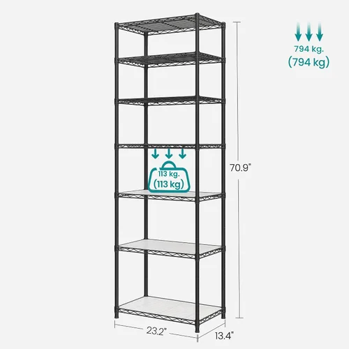 Miniatura 3 de SONGMICS Unidad de almacenamiento de 7 niveles, estantería de alambre, estante de metal de cocina con estantes ajustables, revestimientos de Negro