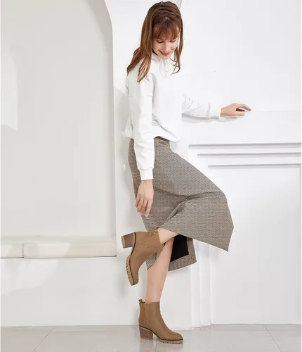 Miniatura 5 de JABASIC - Botines casuales de ante para mujer con tacón de bloque, botas de meter tipo Chelsea