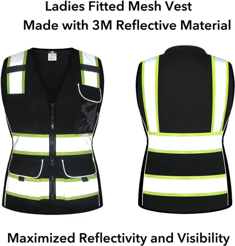 Miniatura 2 de Dib Safety Chaleco de seguridad para mujer con bolsillos, chaleco reflectante de malla de alta visibilidad, ANSI Clase 2 fabricado con cinta Negro